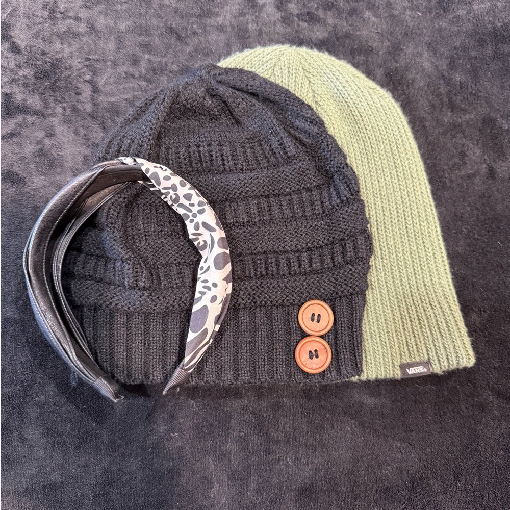 Black and Olive Beanies with Patterned Headband Bundle